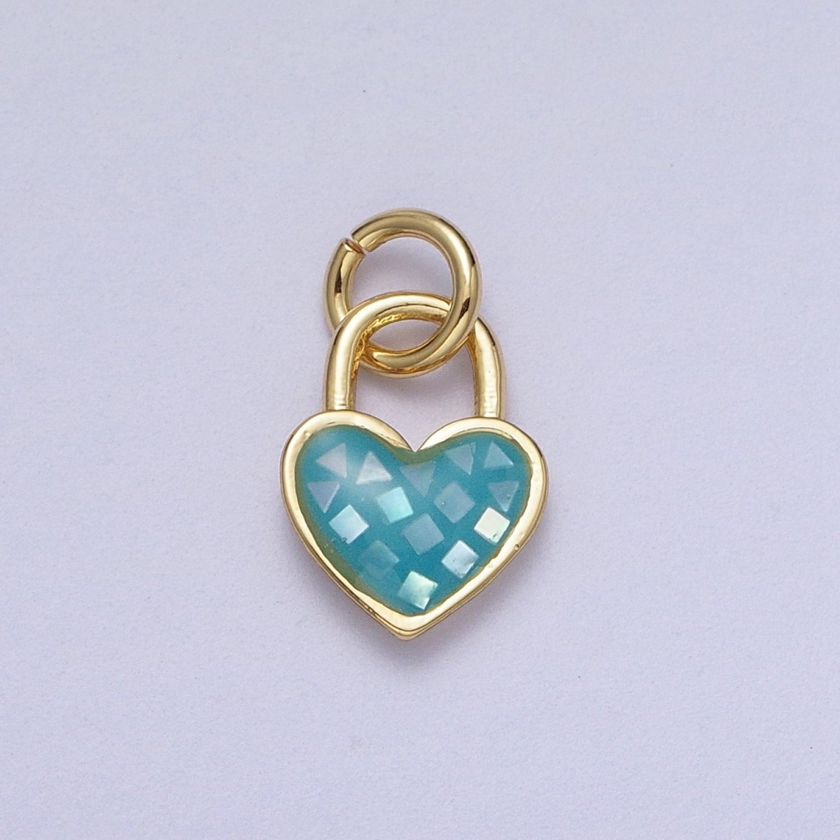 24K Gold Filled Heart Padlock Teal, Green, Pink, Abalone, White Shell Opal Charm  E-455 E-460 E-490 E-509