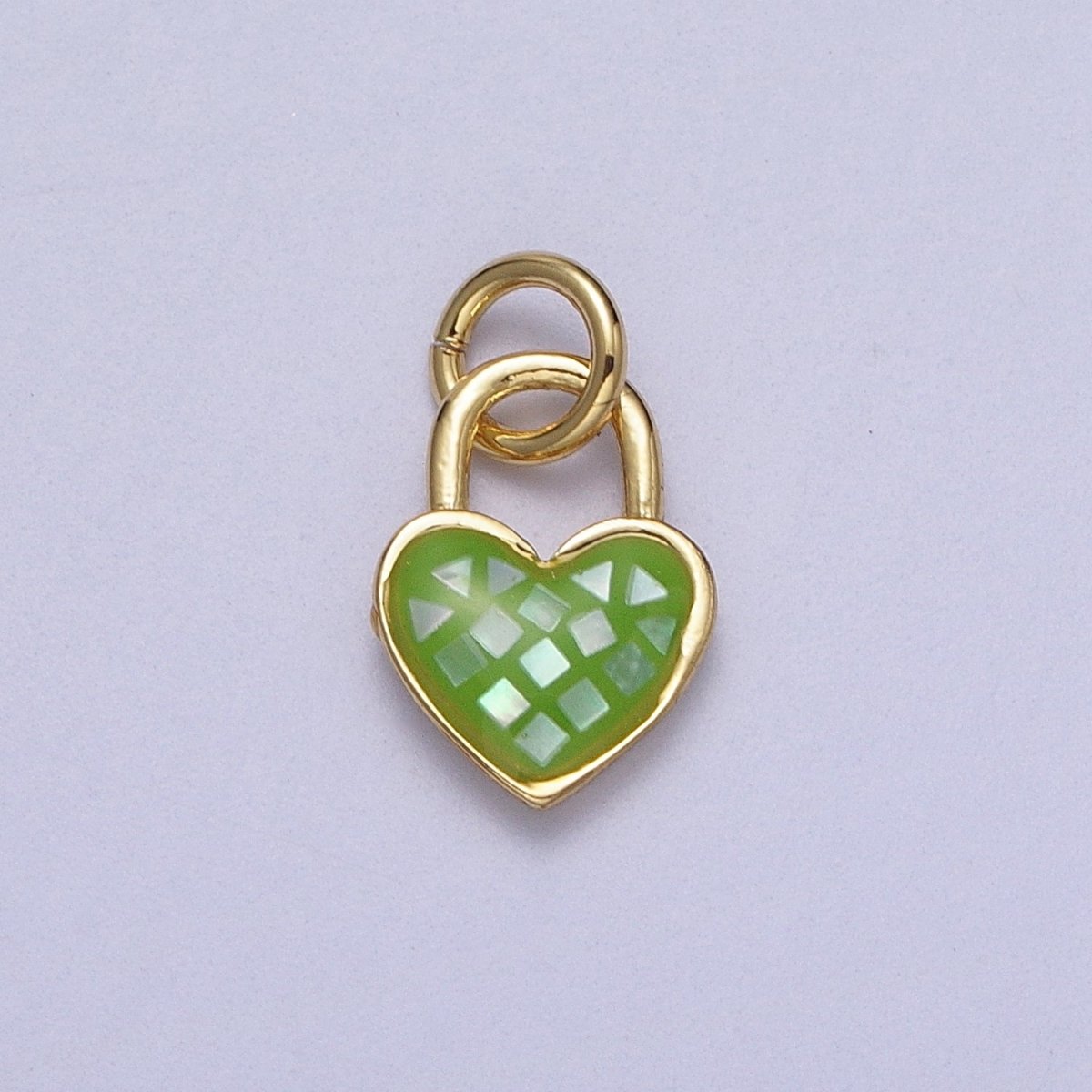 24K Gold Filled Heart Padlock Teal, Green, Pink, Abalone, White Shell Opal Charm  E-455 E-460 E-490 E-509