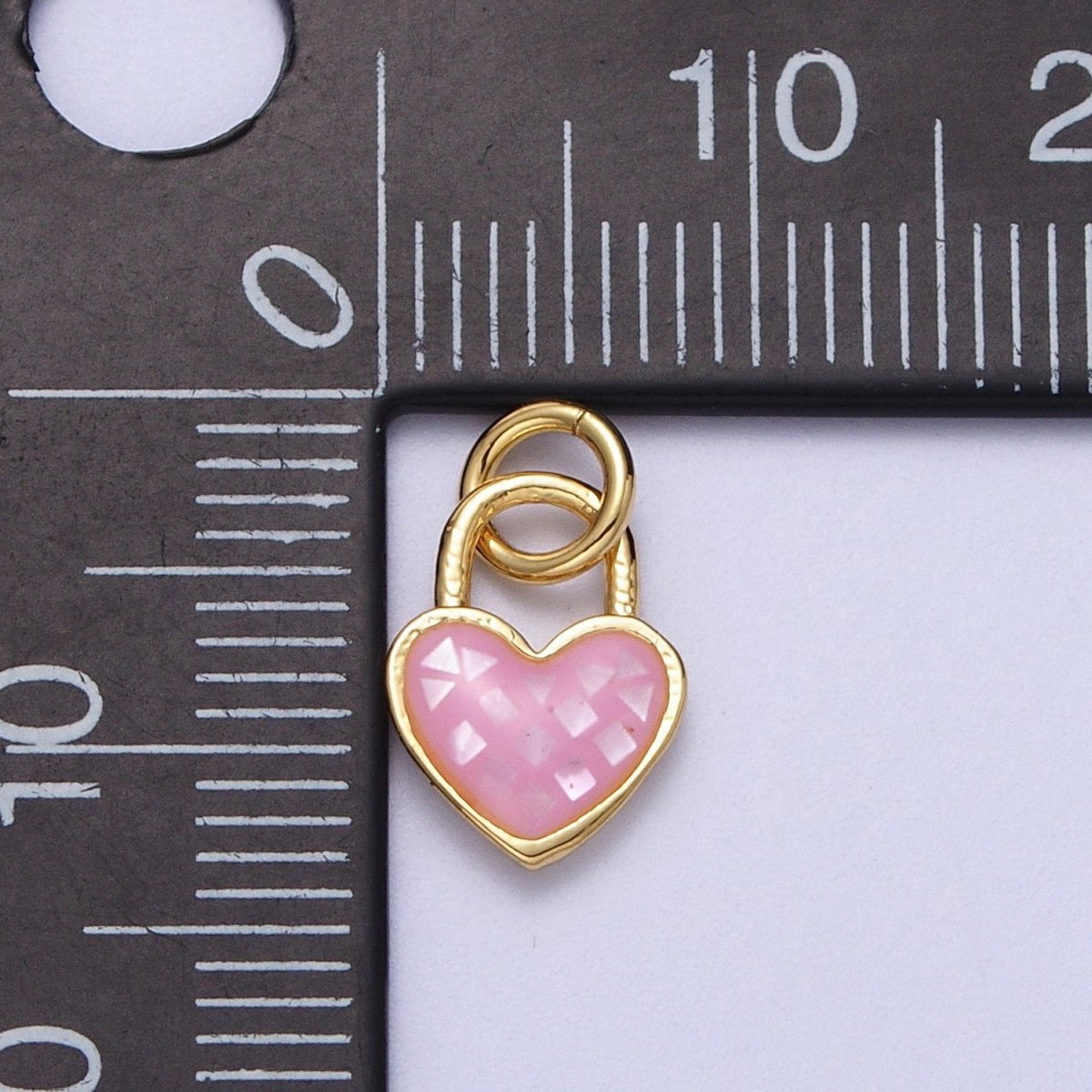 24K Gold Filled Heart Padlock Teal, Green, Pink, Abalone, White Shell Opal Charm  E-455 E-460 E-490 E-509
