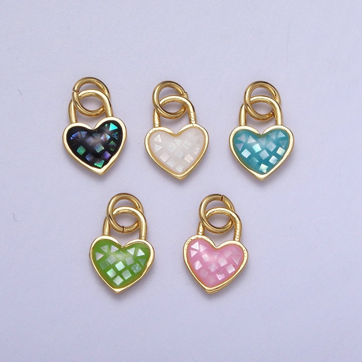 24K Gold Filled Heart Padlock Teal, Green, Pink, Abalone, White Shell Opal Charm  E-455 E-460 E-490 E-509