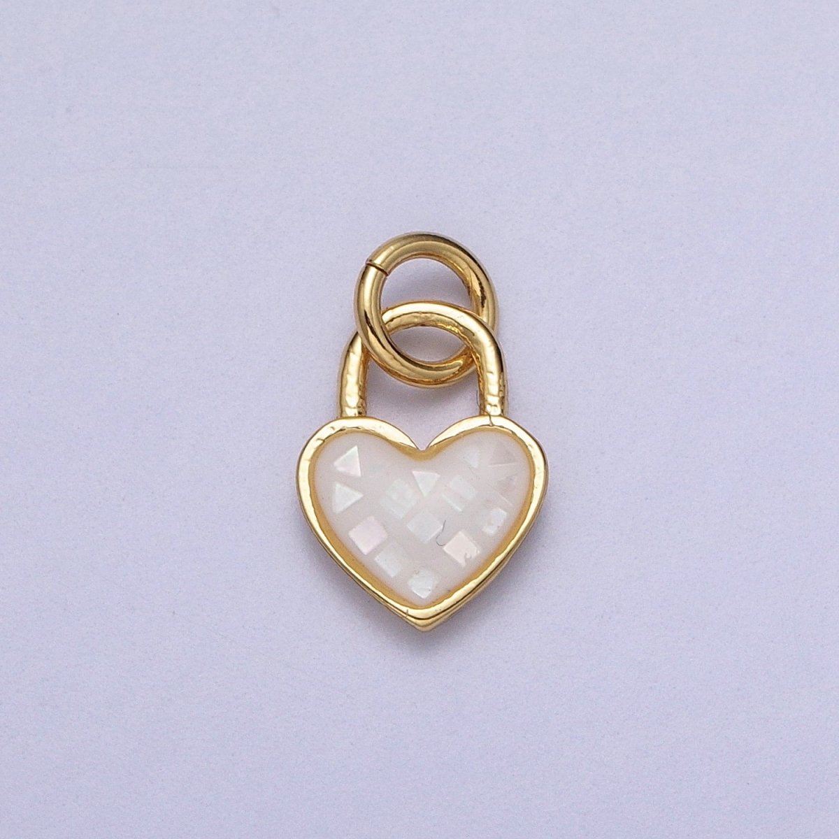 24K Gold Filled Heart Padlock Teal, Green, Pink, Abalone, White Shell Opal Charm  E-455 E-460 E-490 E-509