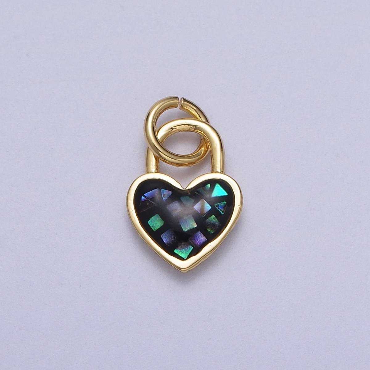 24K Gold Filled Heart Padlock Teal, Green, Pink, Abalone, White Shell Opal Charm  E-455 E-460 E-490 E-509