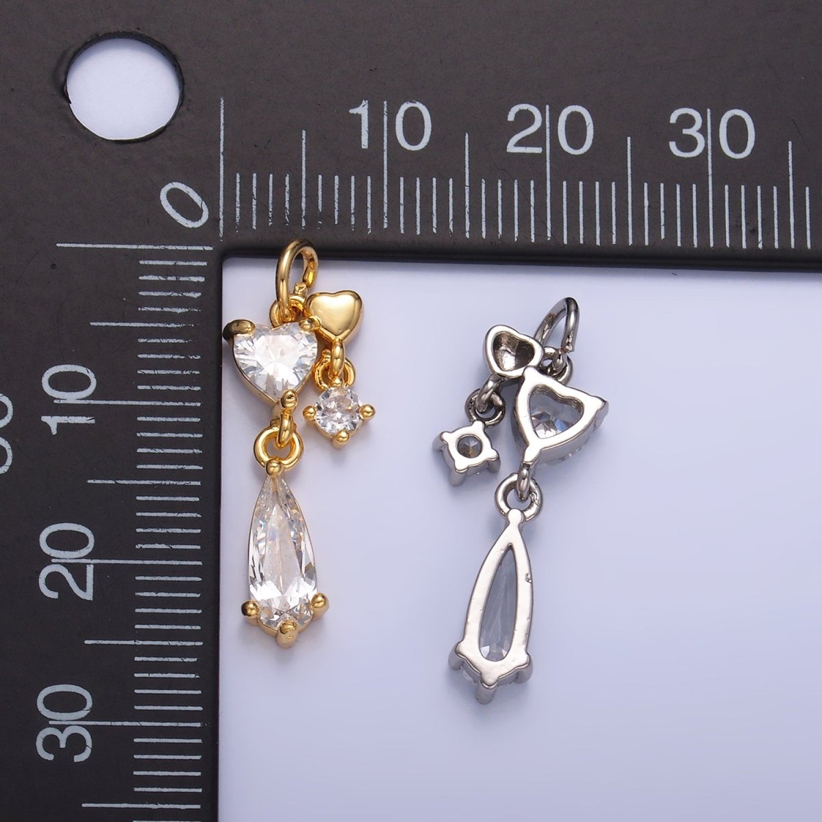 24K Gold Filled Heart Teardrop CZ Drop Charm in Gold & Silver | W816