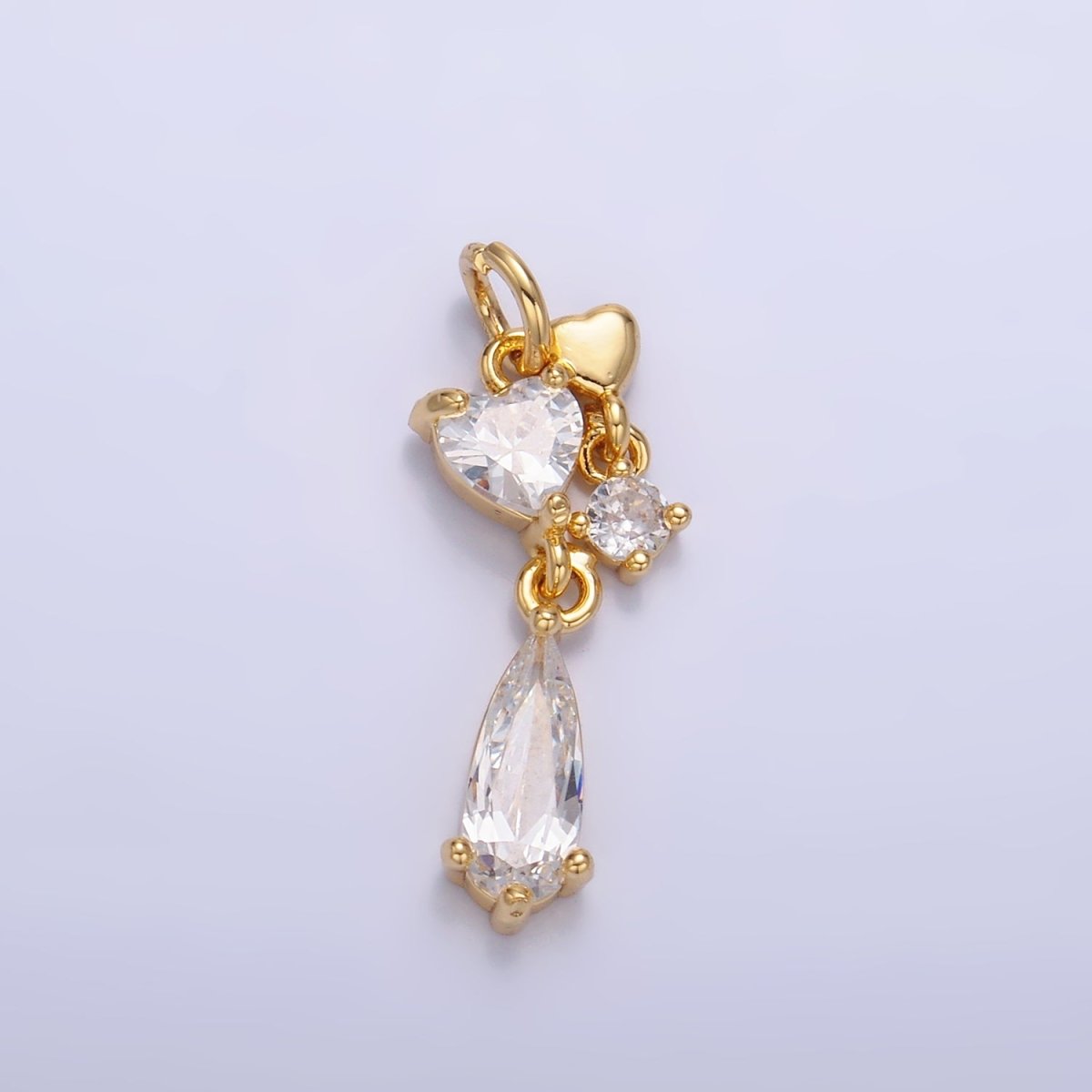 24K Gold Filled Heart Teardrop CZ Drop Charm in Gold & Silver | W816