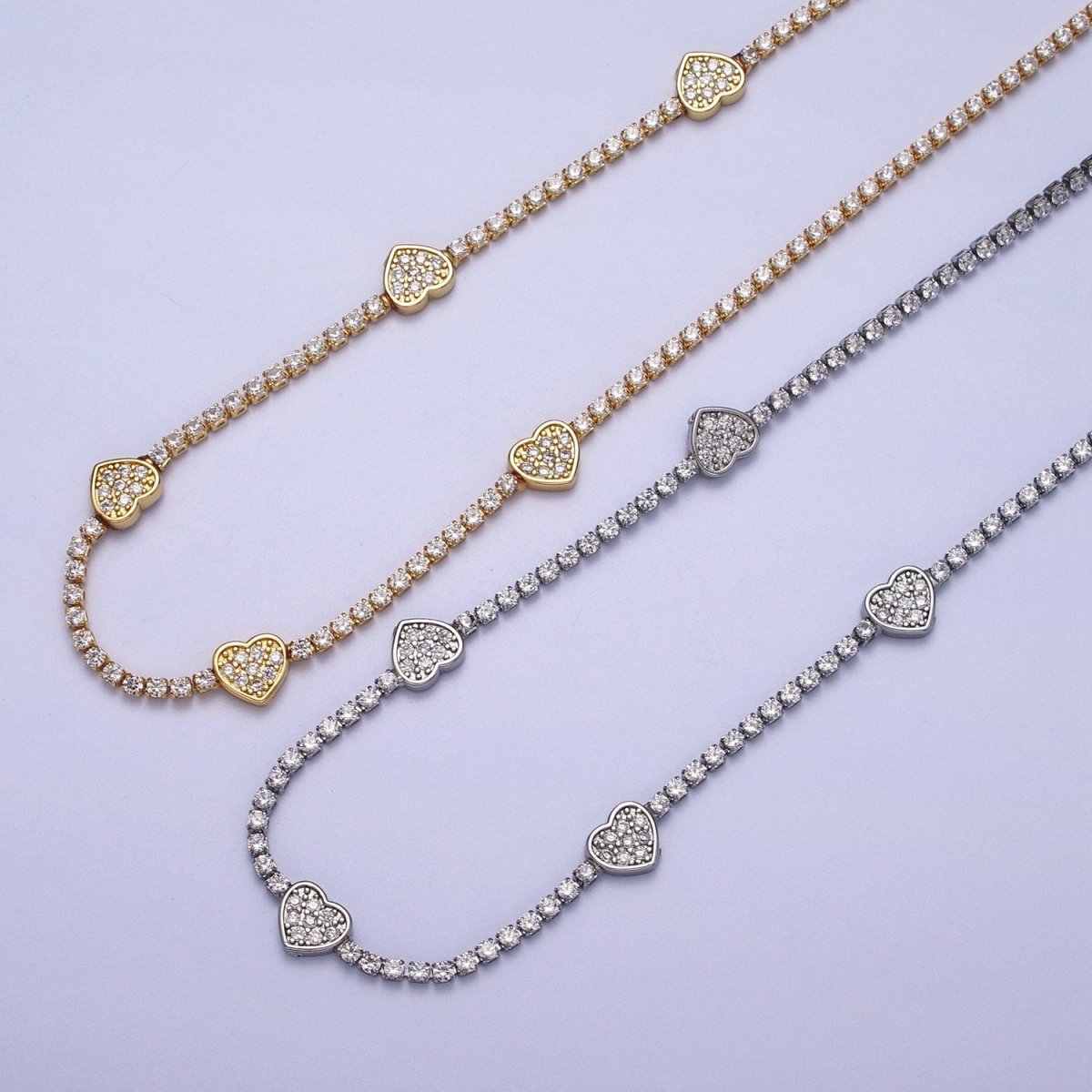 24k Gold Filled Heart Tennis Chain 14 Inch Choker Necklace in Gold & Silver | WA-1307 WA-1308 Clearance Pricing