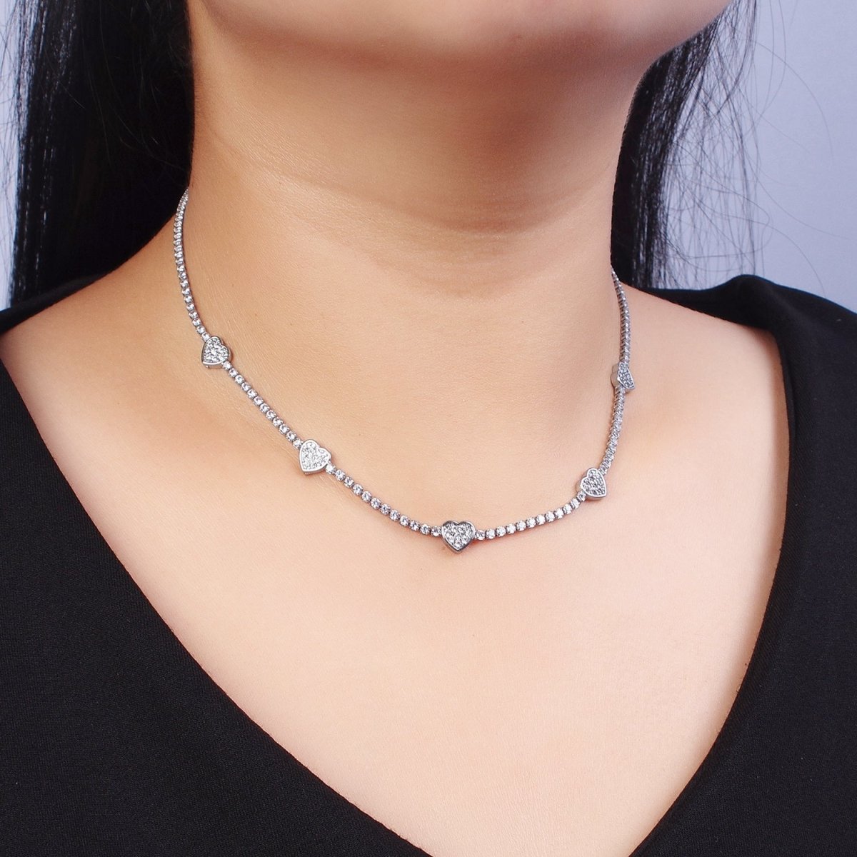 24k Gold Filled Heart Tennis Chain 14 Inch Choker Necklace in Gold & Silver | WA-1307 WA-1308 Clearance Pricing