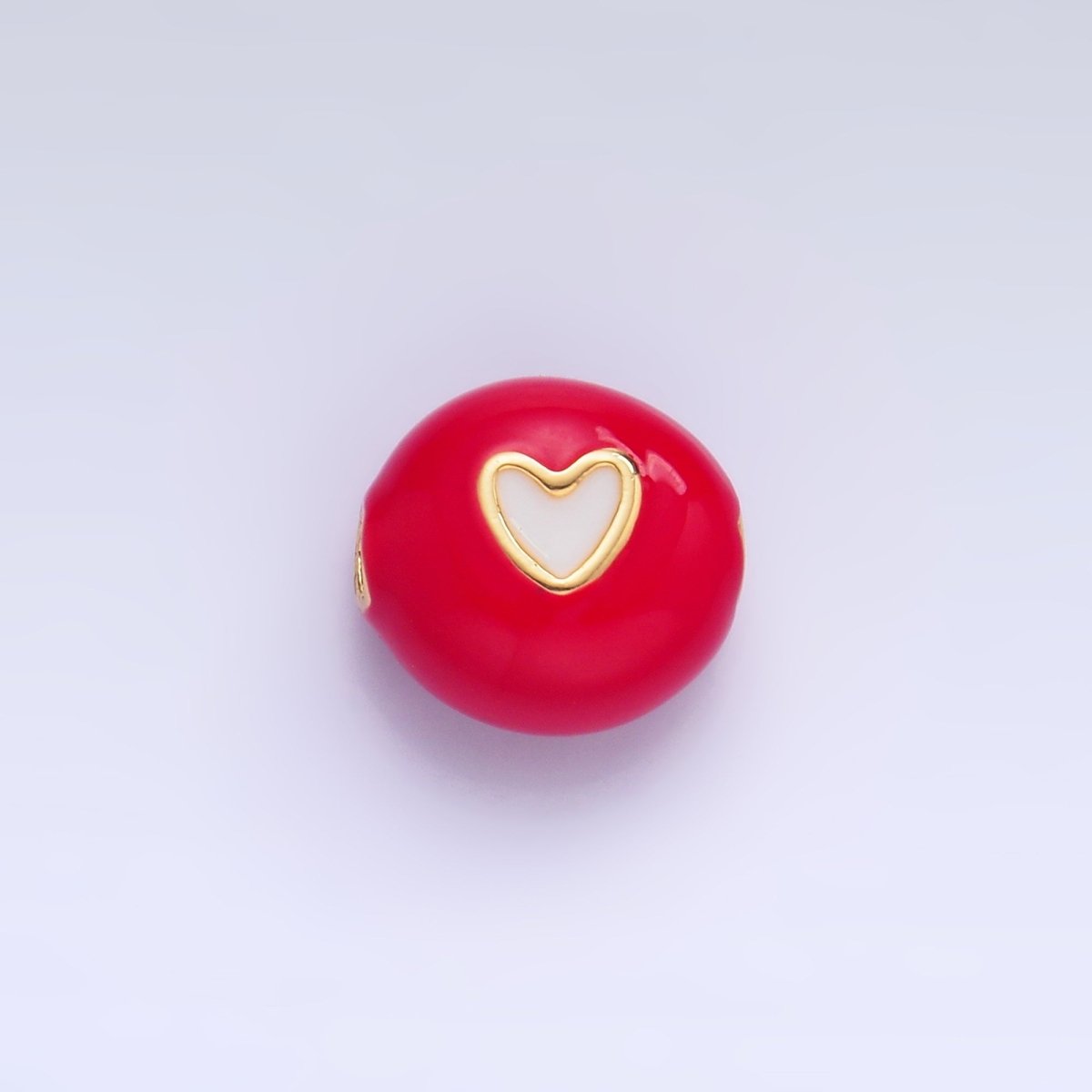 24K Gold Filled Heart White, Red Enamel Round Bead | B183