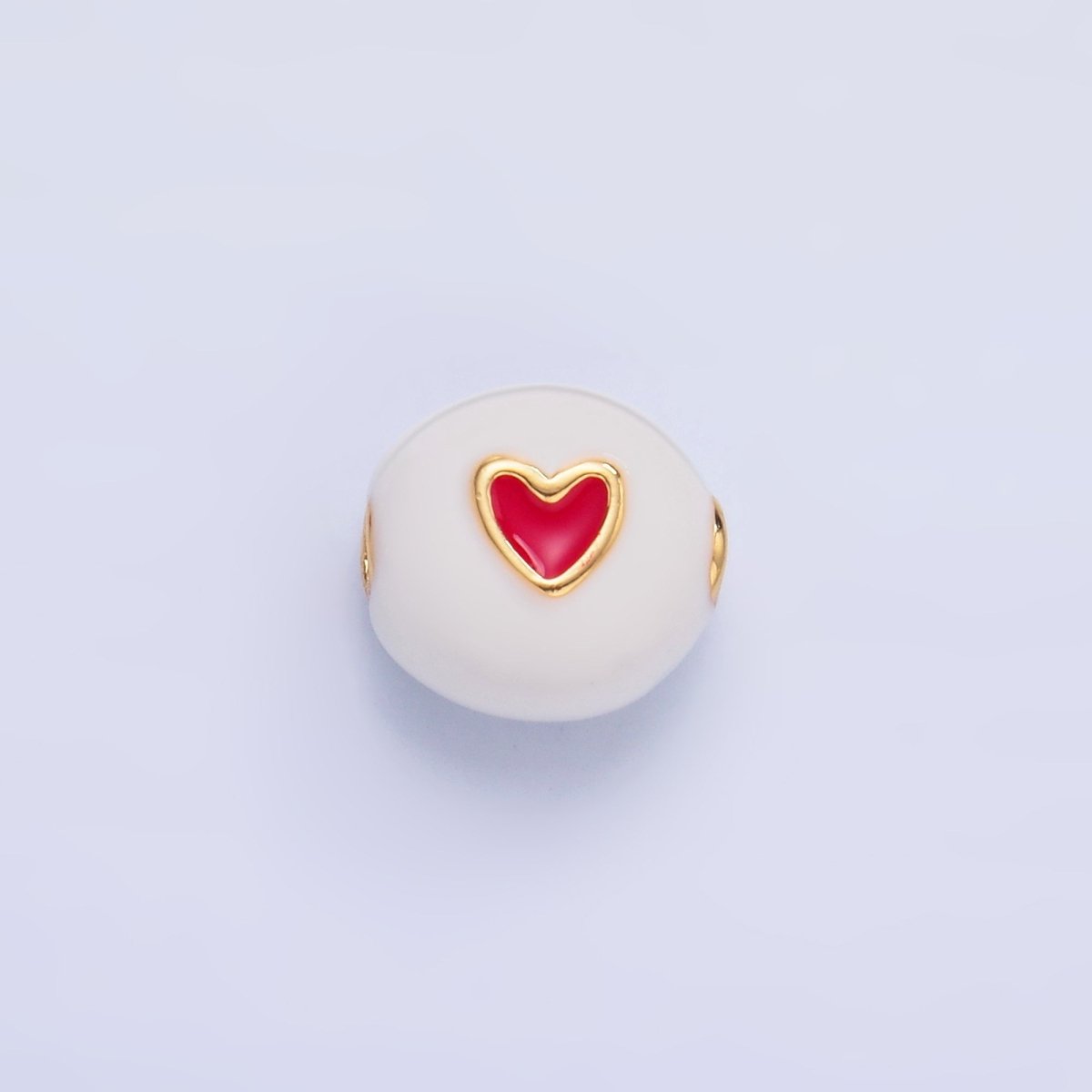 24K Gold Filled Heart White, Red Enamel Round Bead | B183