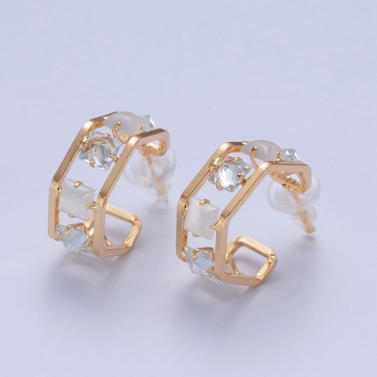 24K Gold Filled Hexagonal Double Band C Shaped Baguette Cubic Zirconia CZ Stud Earrings P-306 P-307