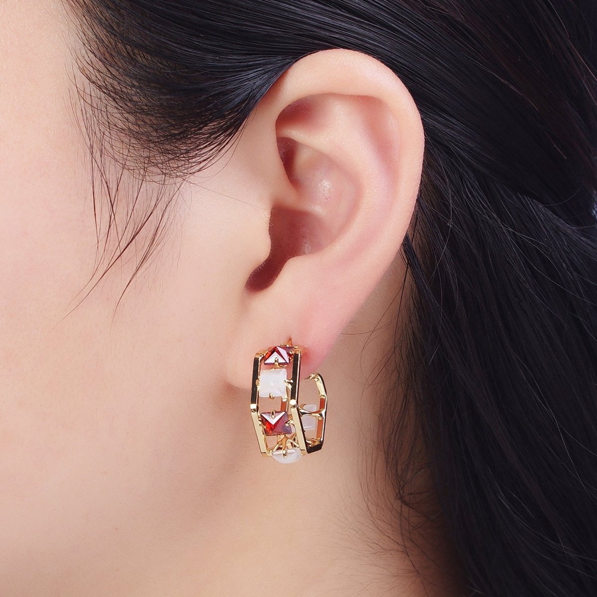 24K Gold Filled Hexagonal Double Band C Shaped Baguette Cubic Zirconia CZ Stud Earrings P-306 P-307