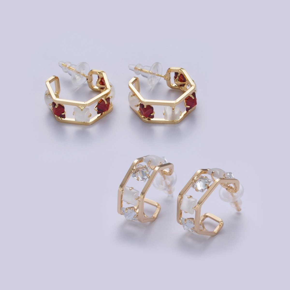 24K Gold Filled Hexagonal Double Band C Shaped Baguette Cubic Zirconia CZ Stud Earrings P-306 P-307