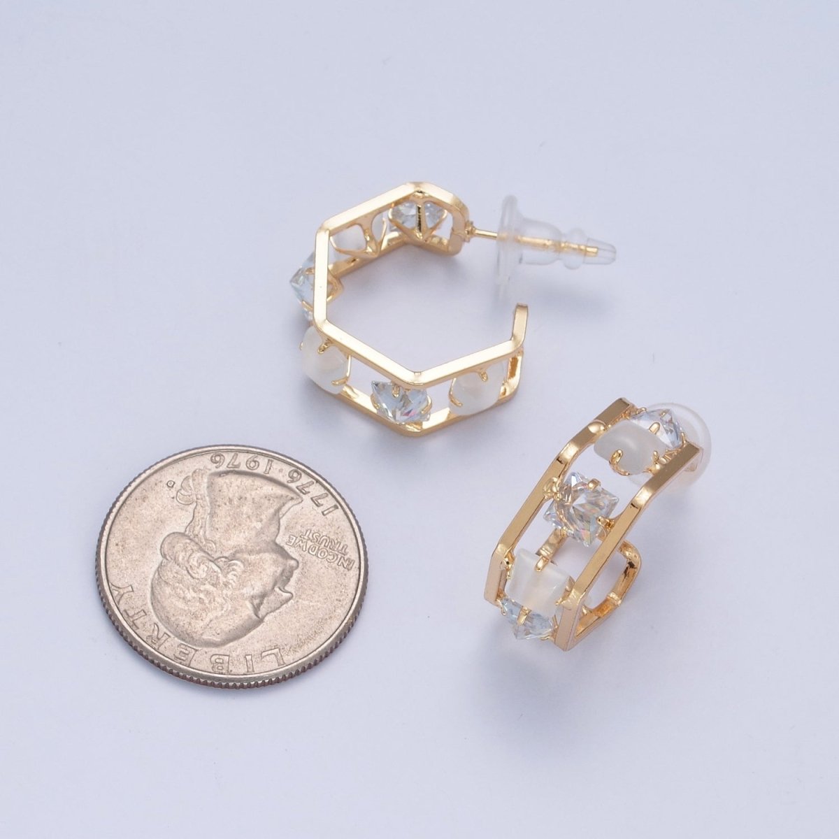 24K Gold Filled Hexagonal Double Band C Shaped Baguette Cubic Zirconia CZ Stud Earrings P-306 P-307
