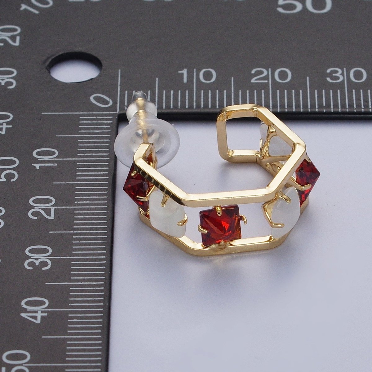 24K Gold Filled Hexagonal Double Band C Shaped Baguette Cubic Zirconia CZ Stud Earrings P-306 P-307