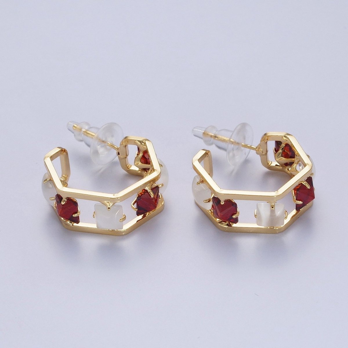 24K Gold Filled Hexagonal Double Band C Shaped Baguette Cubic Zirconia CZ Stud Earrings P-306 P-307