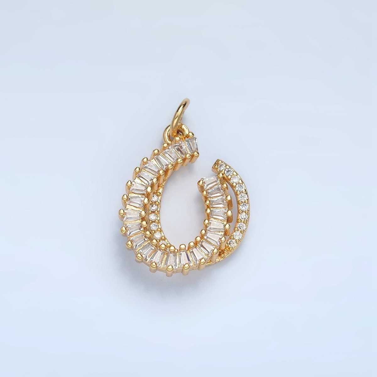 24K Gold Filled Horseshoe Double Micro Paved CZ Baguette Lined Charm | E807 - DLUXCA