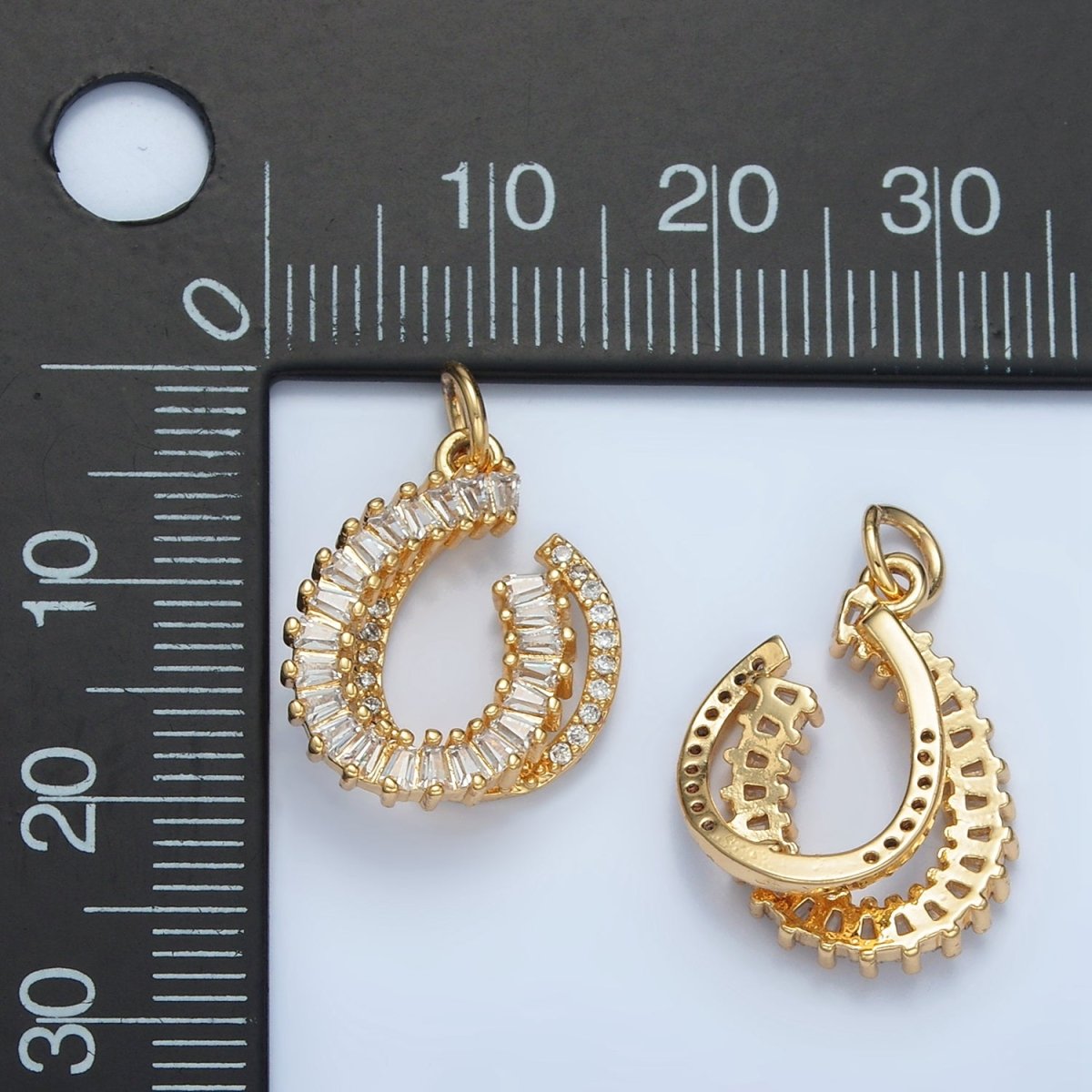 24K Gold Filled Horseshoe Double Micro Paved CZ Baguette Lined Charm | E807 - DLUXCA