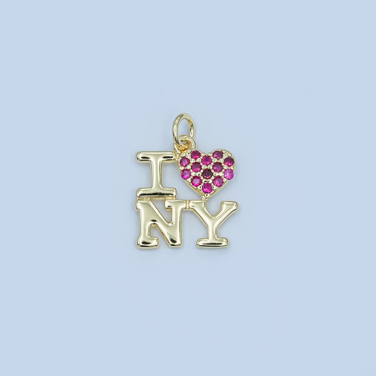 24K Gold Filled "I LOVE NY (New York) Fuchsia CZ Micro Paved Script Charm | N092 - DLUXCA