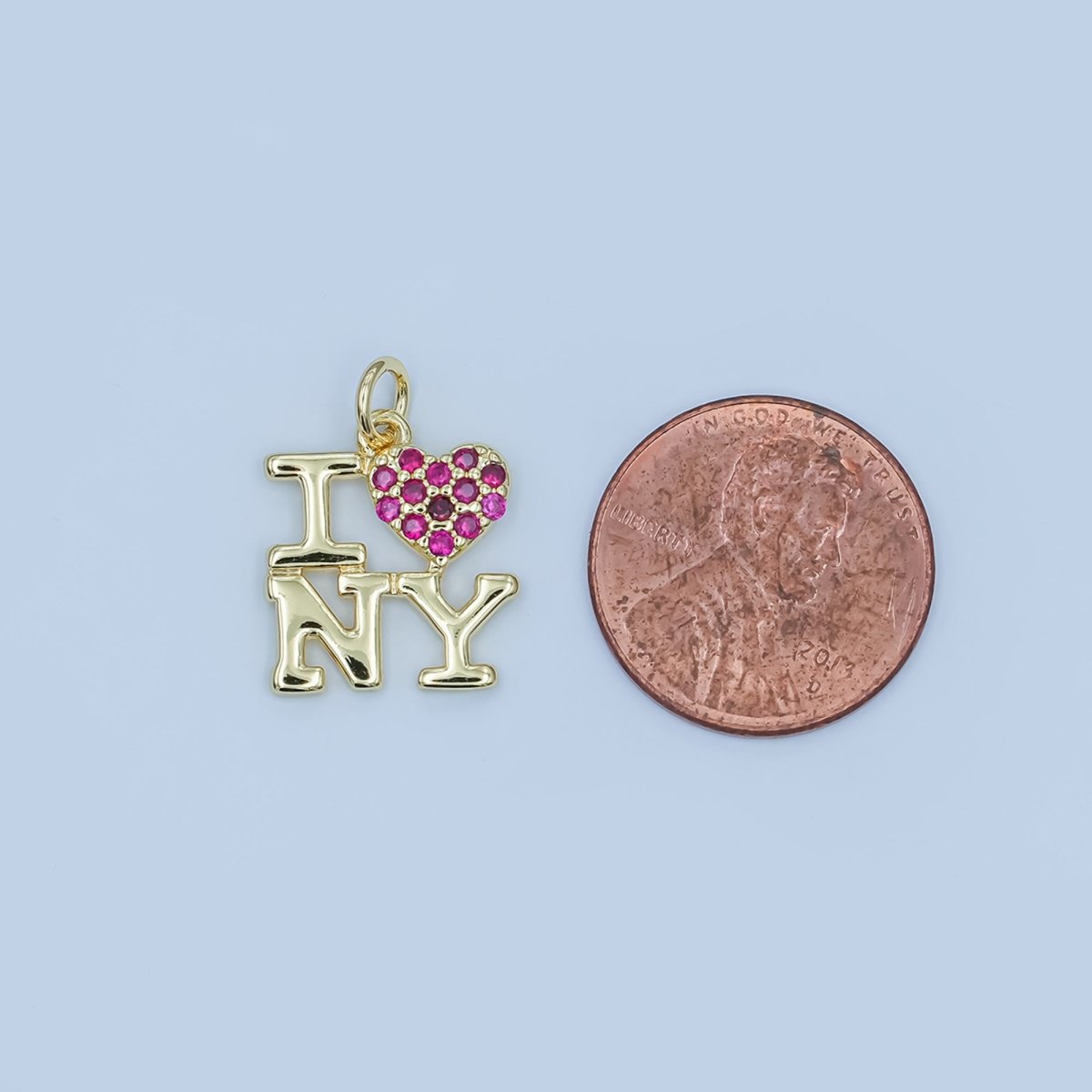 24K Gold Filled "I LOVE NY (New York) Fuchsia CZ Micro Paved Script Charm | N092 - DLUXCA