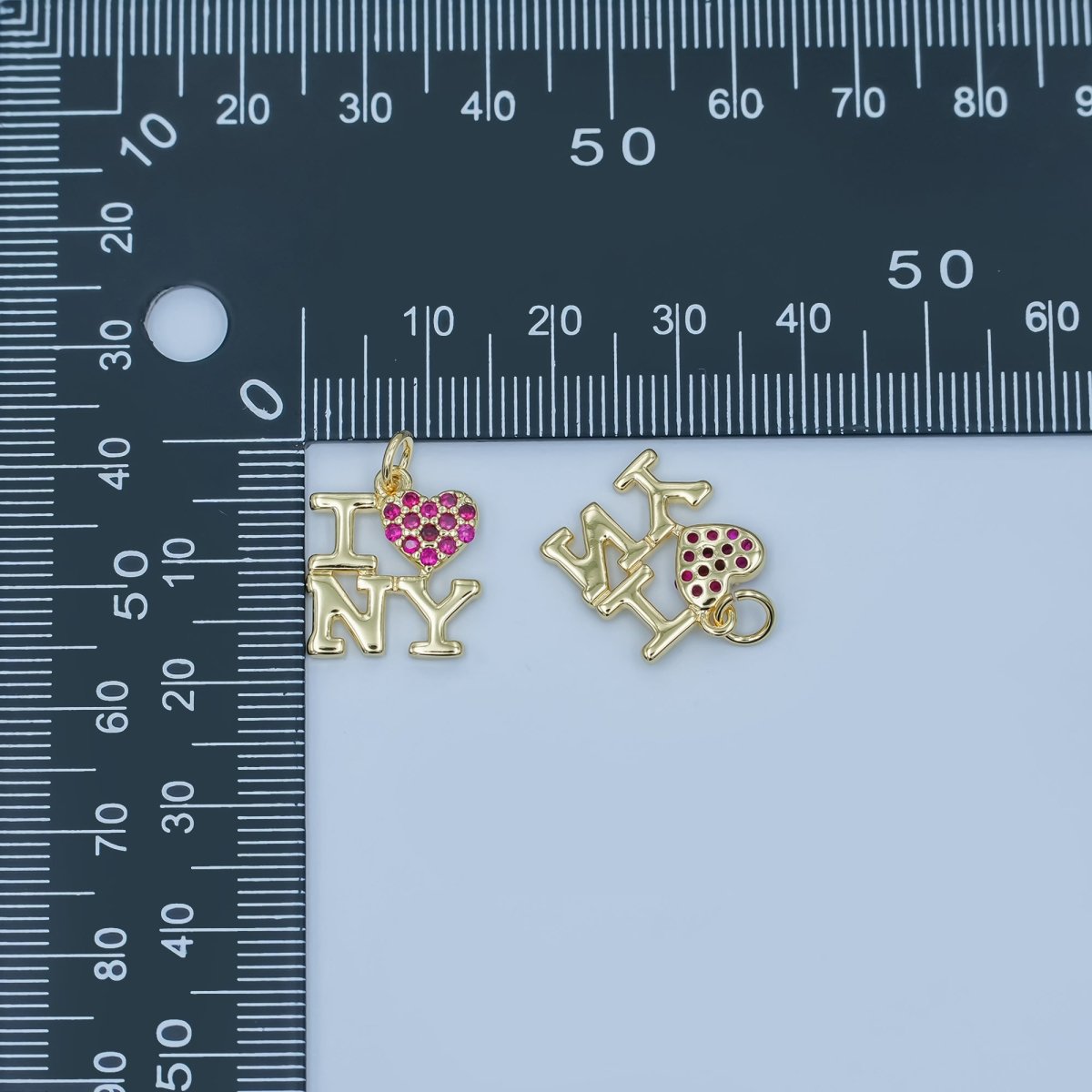 24K Gold Filled "I LOVE NY (New York) Fuchsia CZ Micro Paved Script Charm | N092 - DLUXCA