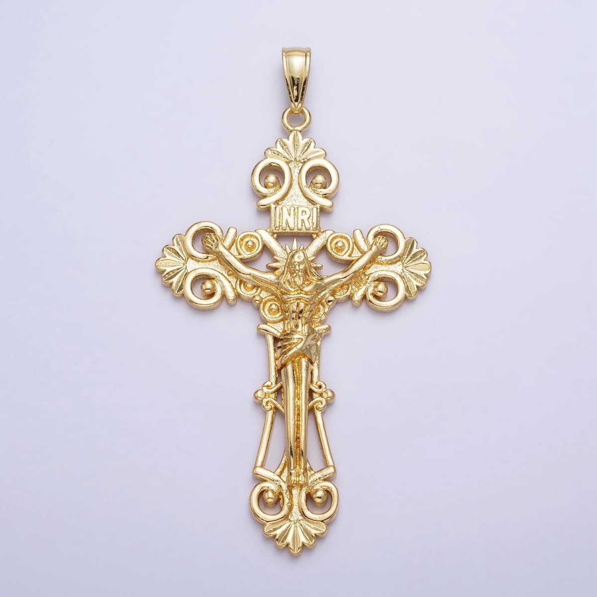 24K Gold Filled "INRI" Jesus Crucifix Cross Religious Elaborate Statement Cross Pendant | AA208 - DLUXCA