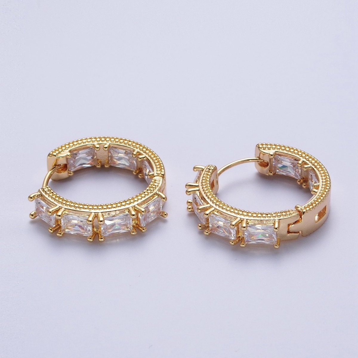 24K Gold Filled Inside Outside Double Sided Baguette Cubic Zirconia Beaded Huggie Hoops Earrings | Y-036 - DLUXCA