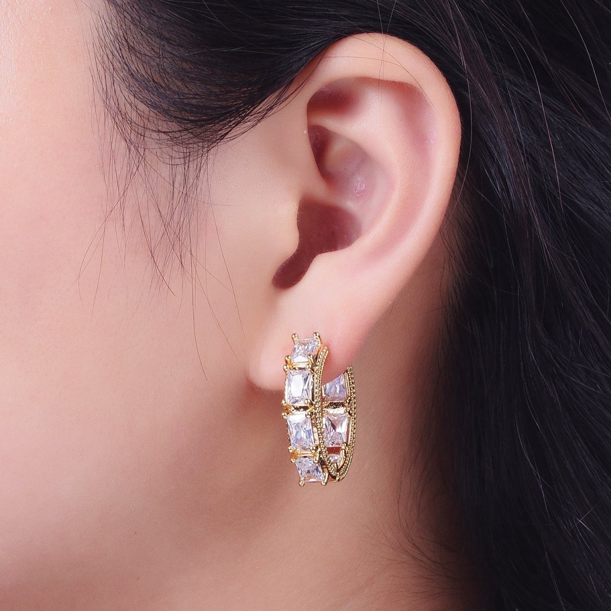 24K Gold Filled Inside Outside Double Sided Baguette Cubic Zirconia Beaded Huggie Hoops Earrings | Y-036 - DLUXCA