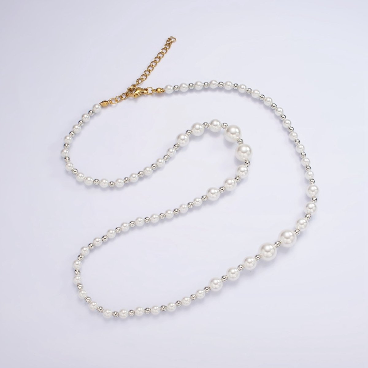 24K Gold Filled Irregular Round Shell Pearl Silver Bead 20 Inch Layering Mixed Metal Necklace | WA-2329 Clearance Pricing - DLUXCA