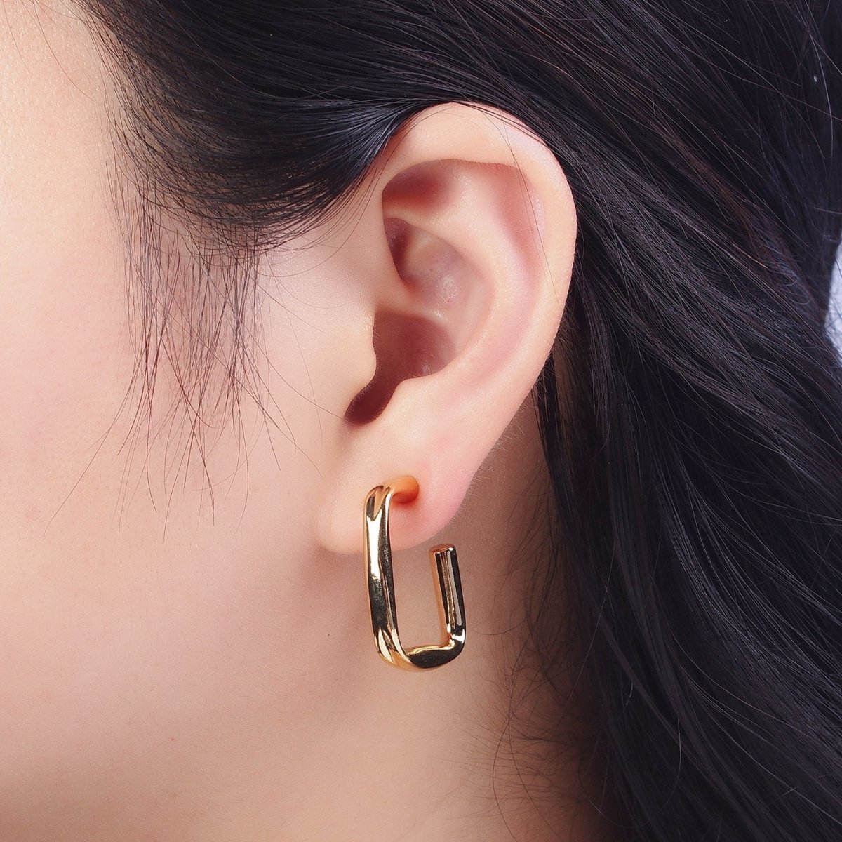 24K Gold Filled J Shaped Boxy Block Hoop Stud Geometric Earrings | X-891 - DLUXCA