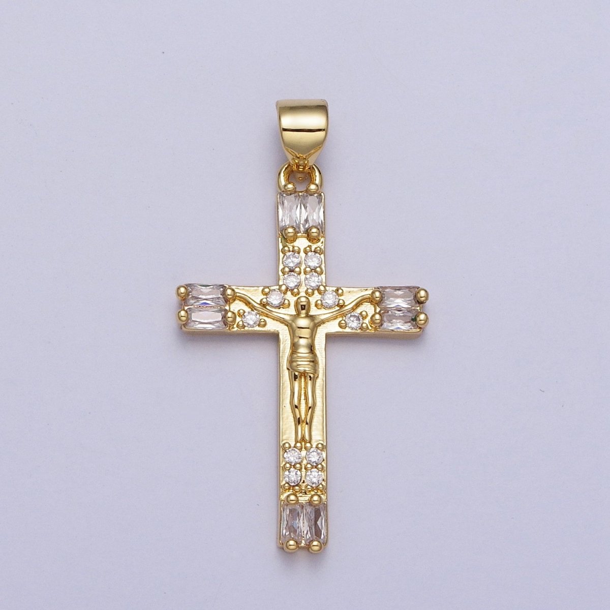 OS 24K Gold Filled Jesus Crucifix Cross Baguette Micro Paved CZ Religious Pendant H-296