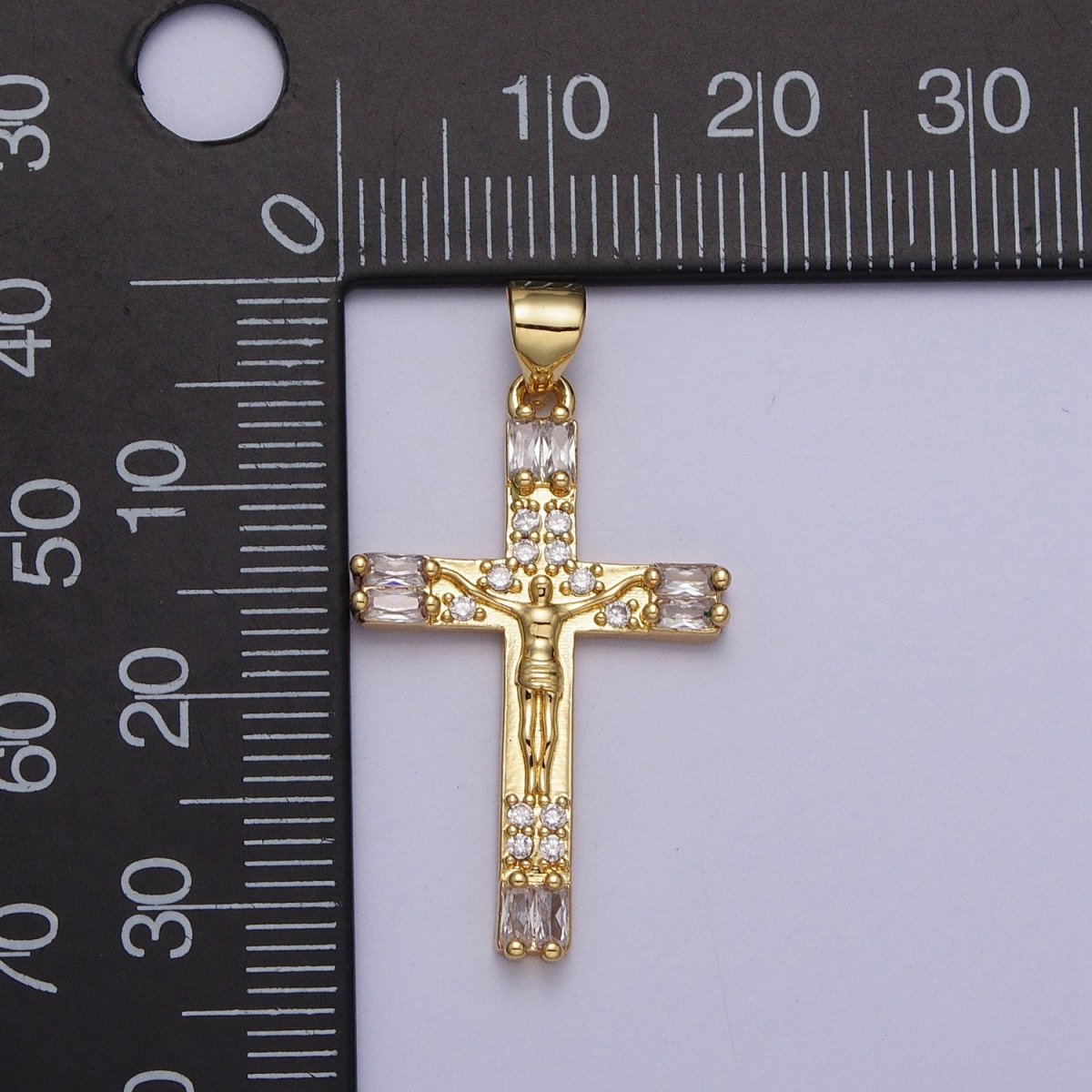 OS 24K Gold Filled Jesus Crucifix Cross Baguette Micro Paved CZ Religious Pendant H-296