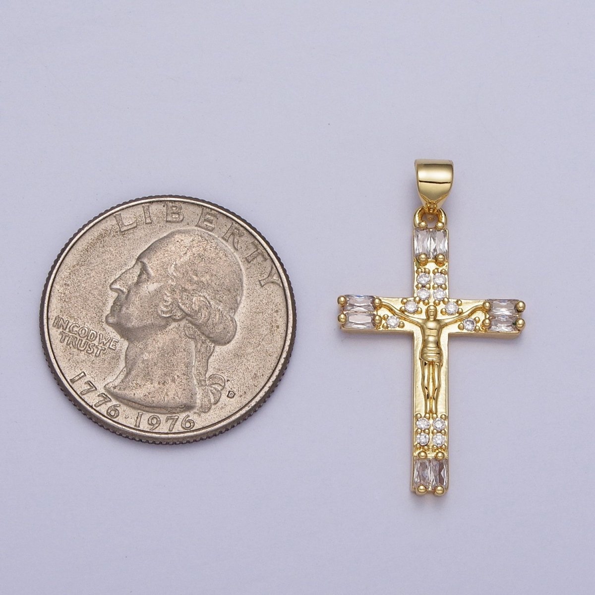 OS 24K Gold Filled Jesus Crucifix Cross Baguette Micro Paved CZ Religious Pendant H-296