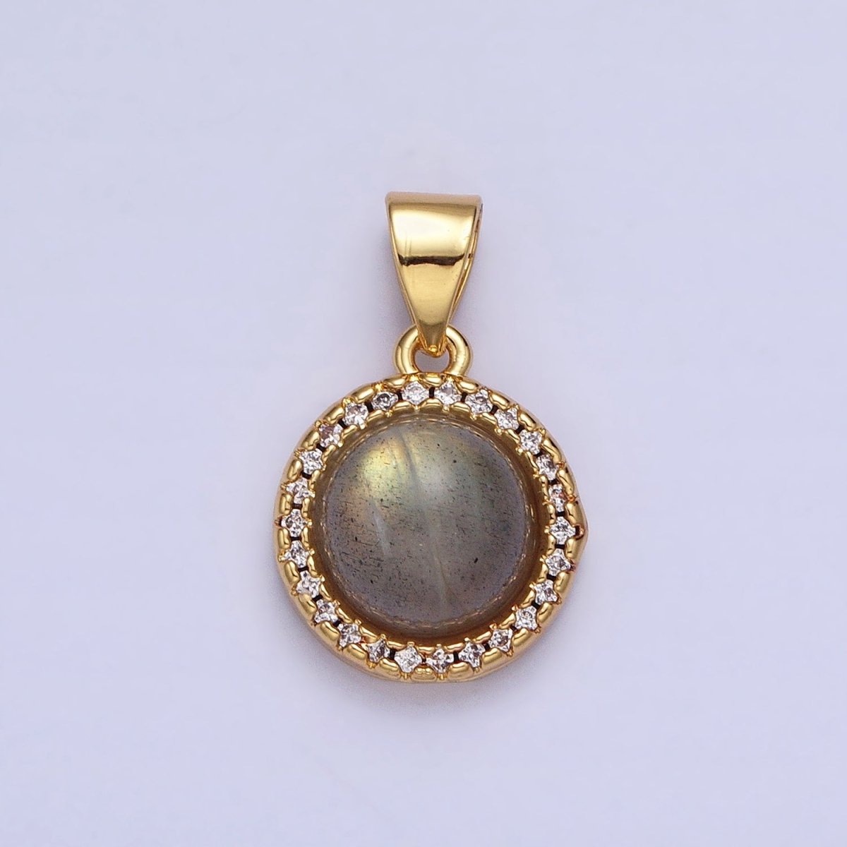 24K Gold Filled Labradorite, Blue Agate, Aventurine, Amethyst, Rose Quartz Micro Paved CZ Round Pendant | AA189 - AA193