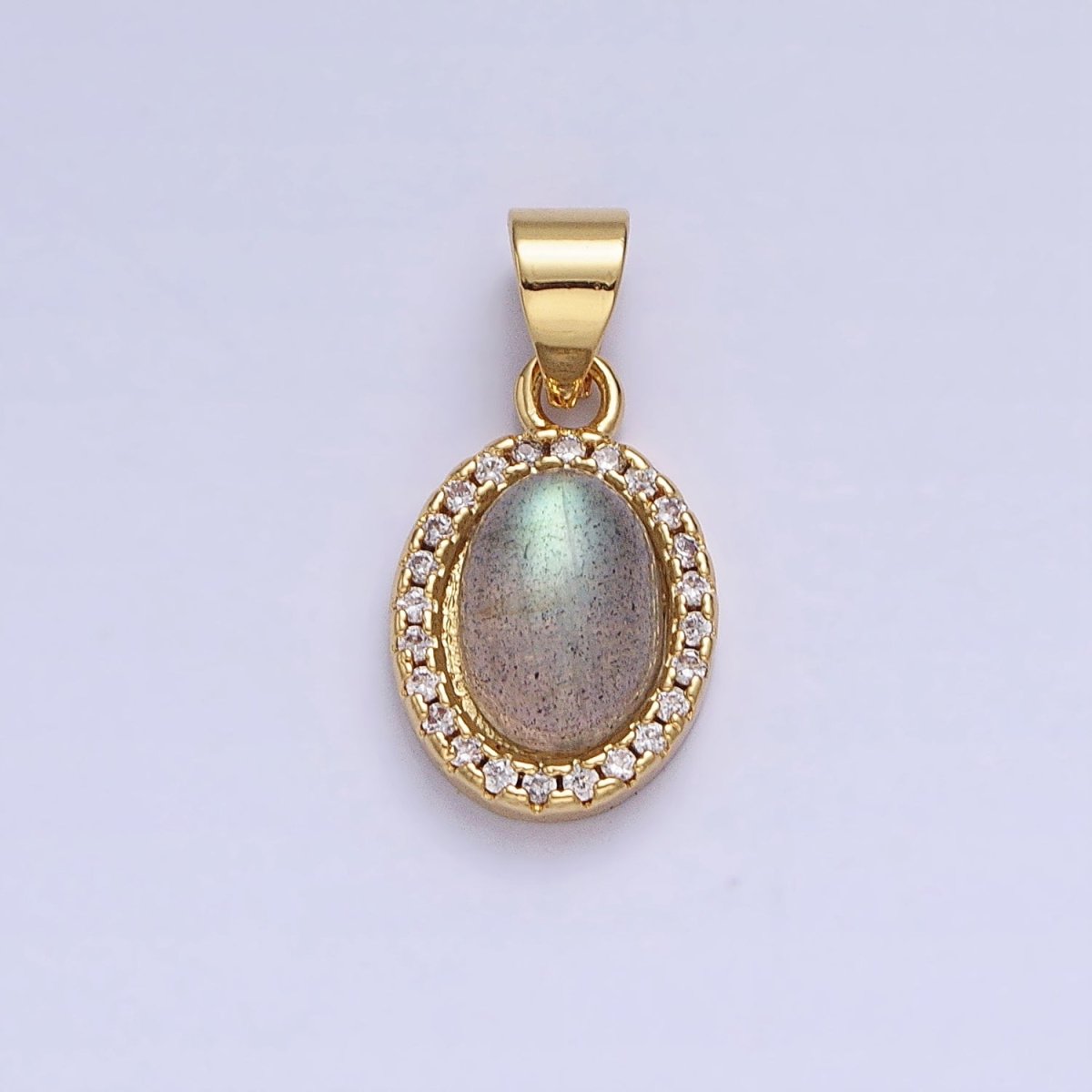 24K Gold Filled Labradorite: Spectrolite Natural Gemstone Micro Paved CZ Oval Pendant | AA178 - DLUXCA