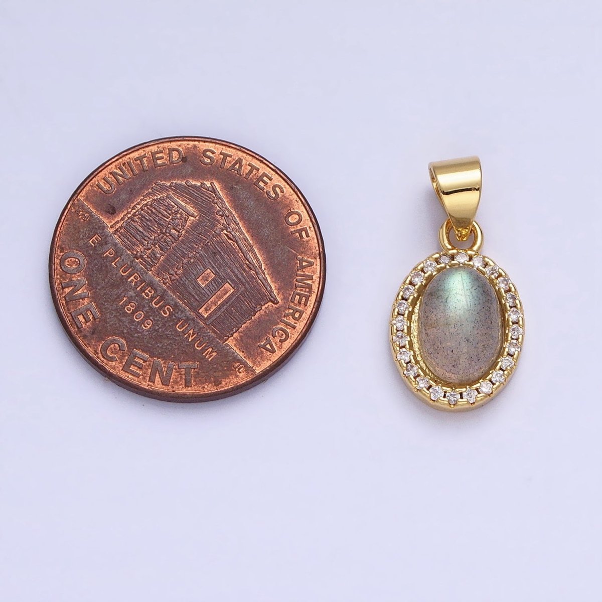 24K Gold Filled Labradorite: Spectrolite Natural Gemstone Micro Paved CZ Oval Pendant | AA178 - DLUXCA