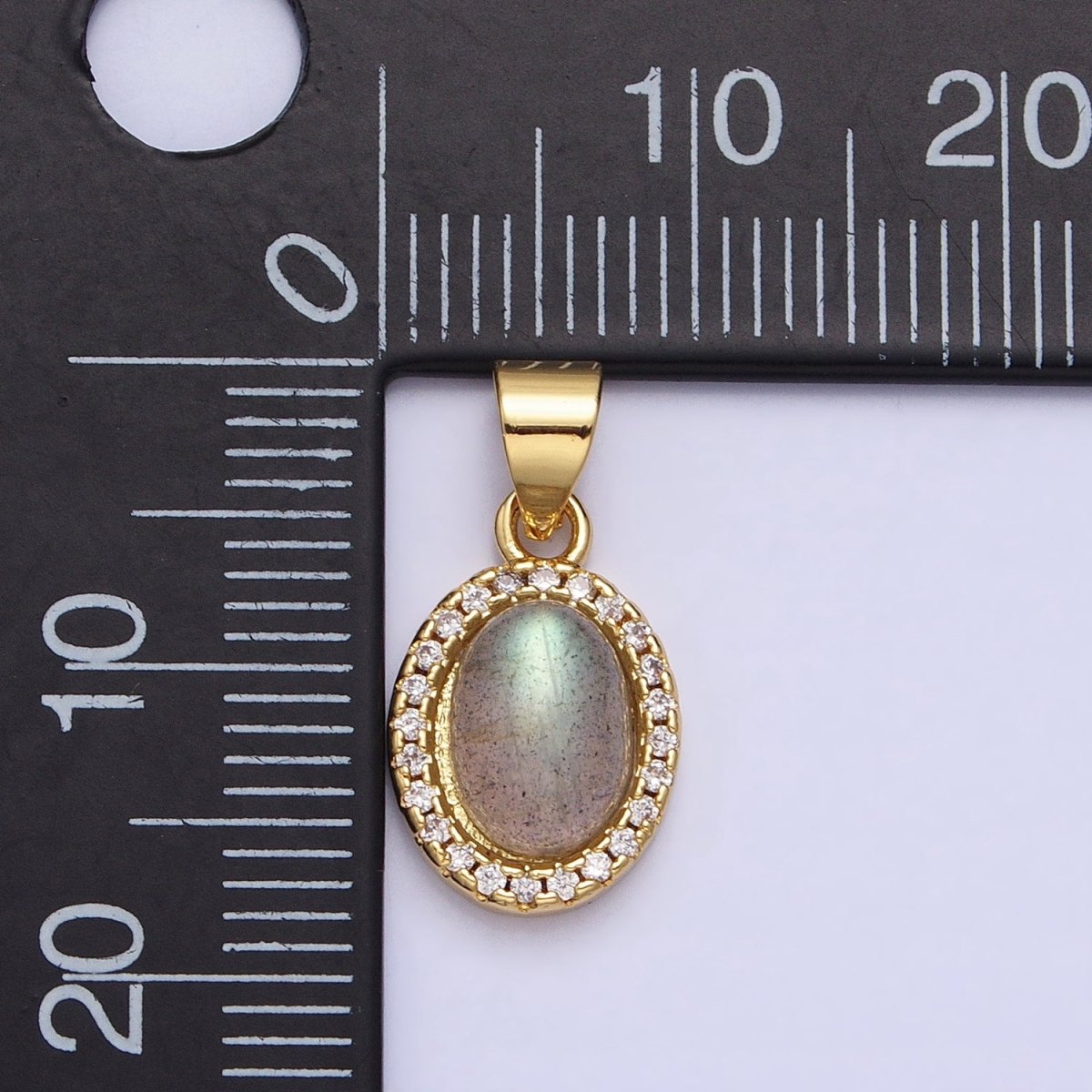 24K Gold Filled Labradorite: Spectrolite Natural Gemstone Micro Paved CZ Oval Pendant | AA178 - DLUXCA