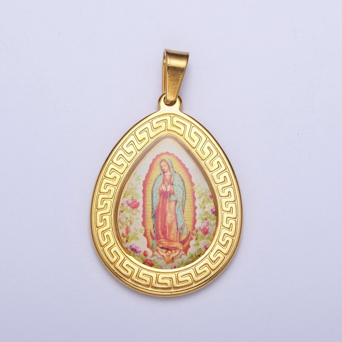 24K Gold Filled Lady Guadalupe Pendant Tear Drop Medallion Virgin Mary Charm X-649 - DLUXCA