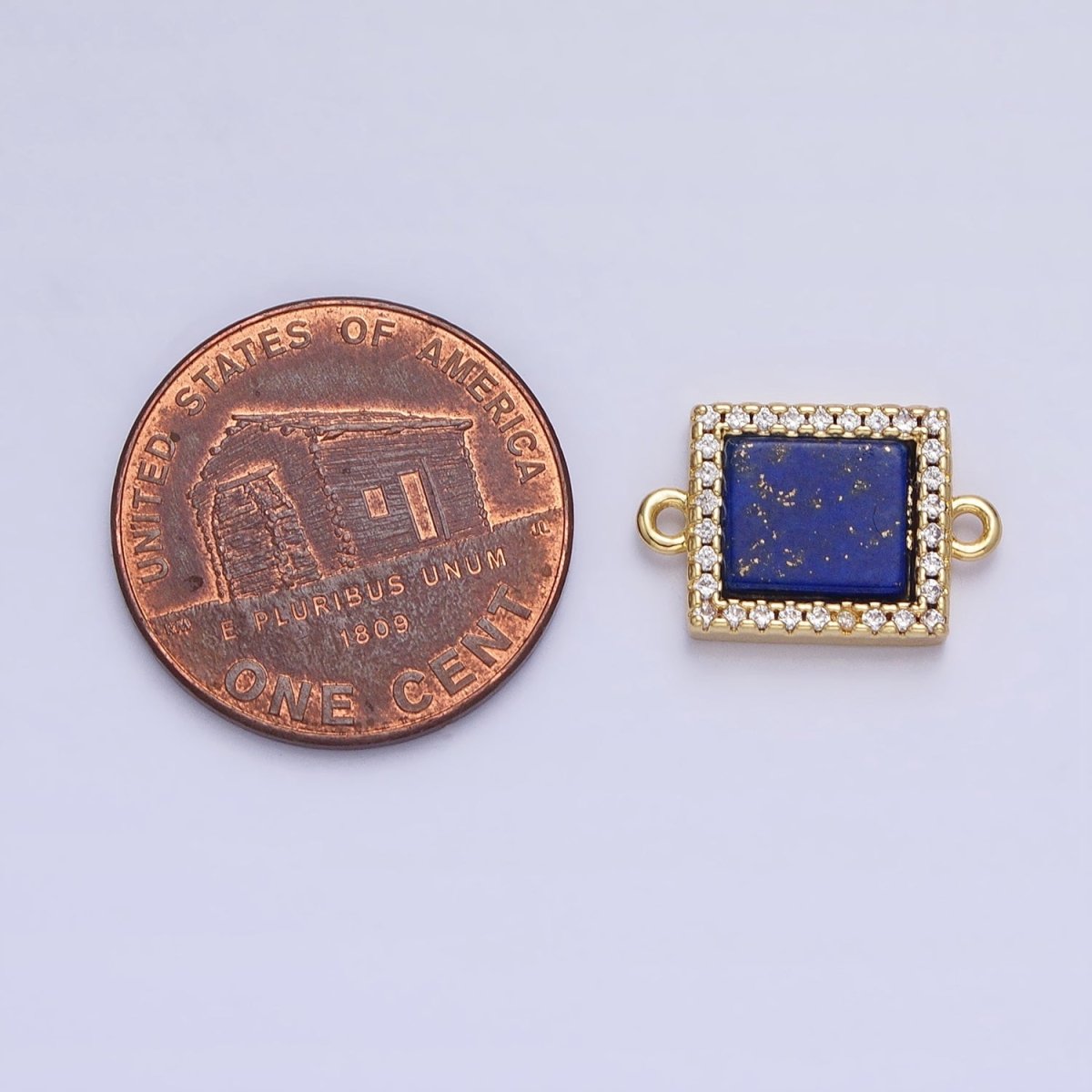 24K Gold Filled Lapis Lazuli Natural Gemstone Micro Paved CZ Flat Rectangular Connector | AA-815 - DLUXCA
