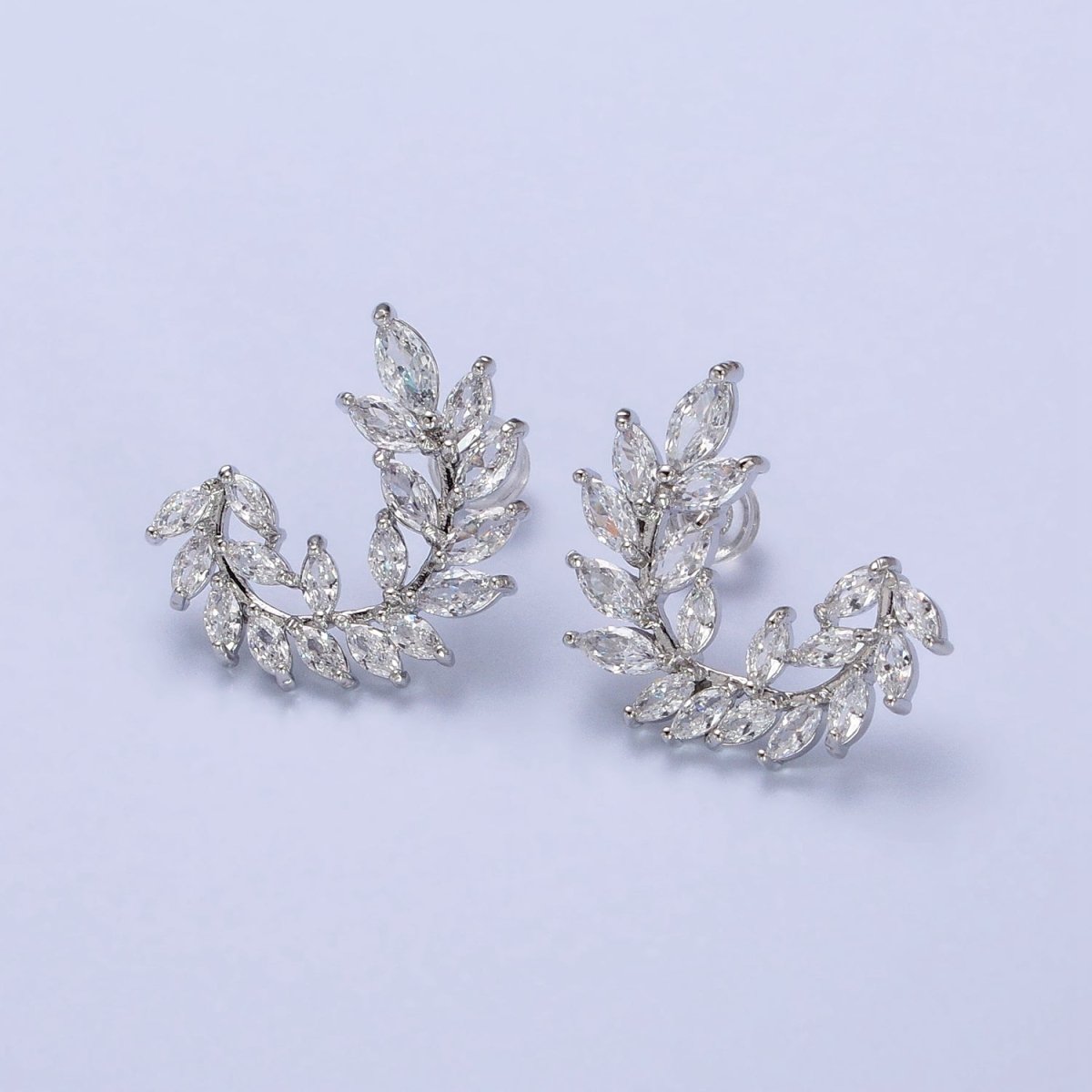 24K Gold Filled Leaf Clear Marquise Circular Curved Line Stud Earrings in Silver & Gold | AB381 AB454