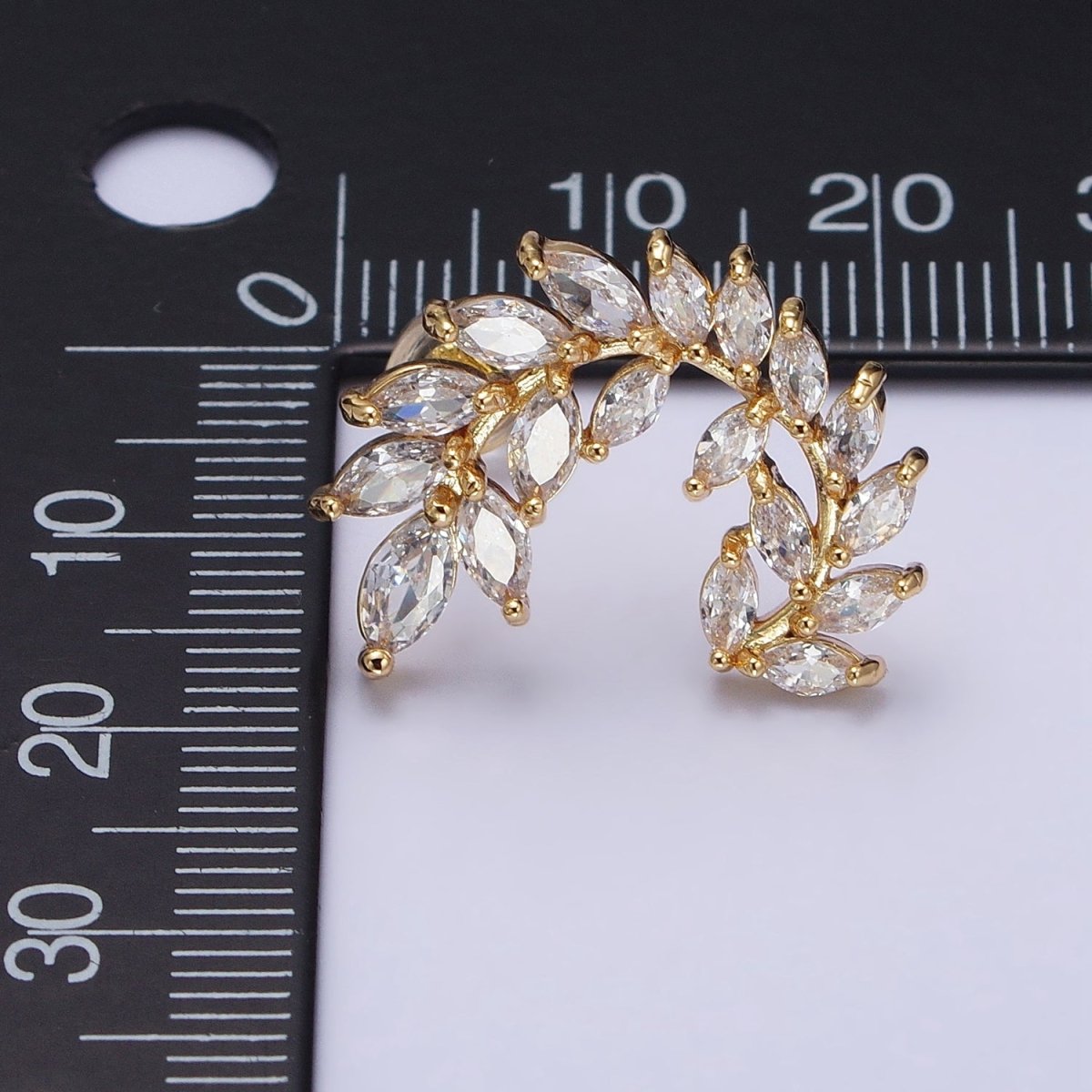 24K Gold Filled Leaf Clear Marquise Circular Curved Line Stud Earrings in Silver & Gold | AB381 AB454