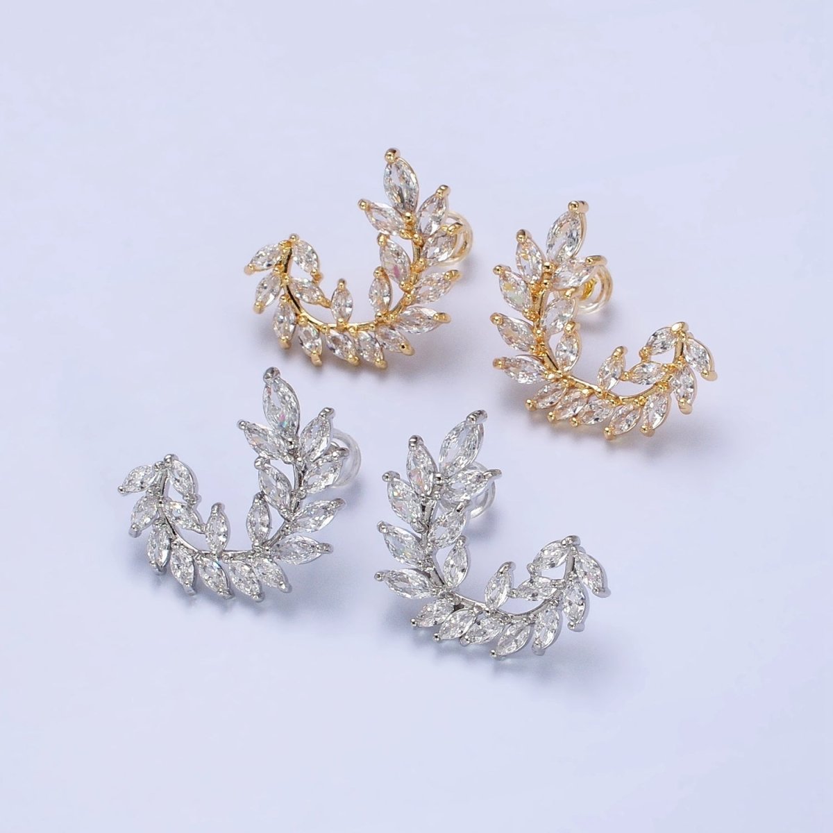 24K Gold Filled Leaf Clear Marquise Circular Curved Line Stud Earrings in Silver & Gold | AB381 AB454