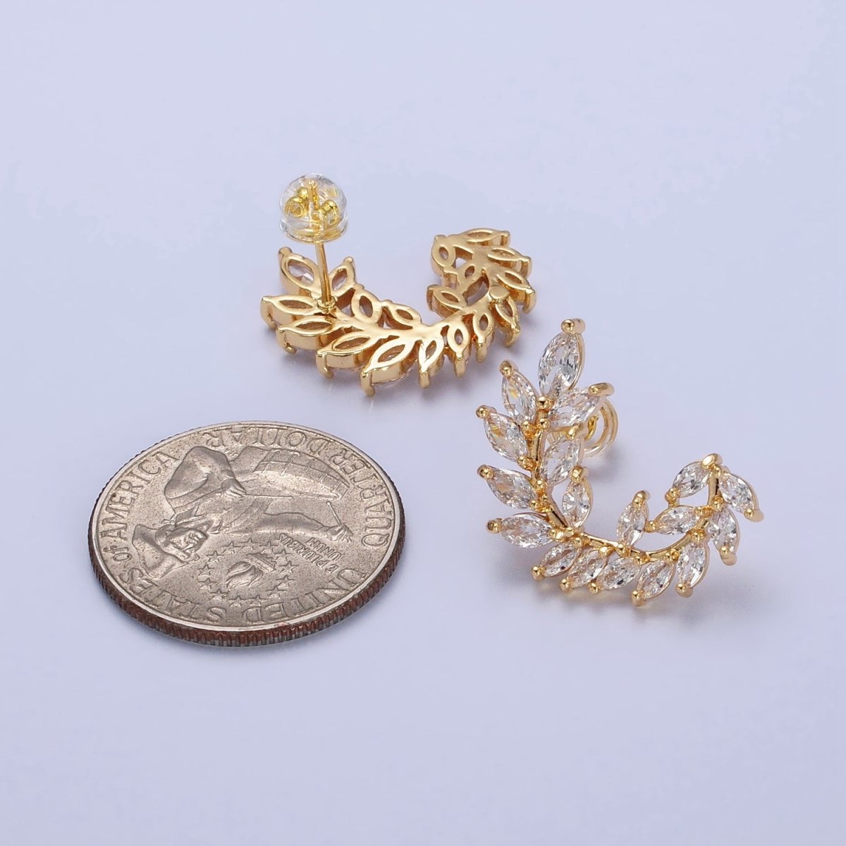 24K Gold Filled Leaf Clear Marquise Circular Curved Line Stud Earrings in Silver & Gold | AB381 AB454