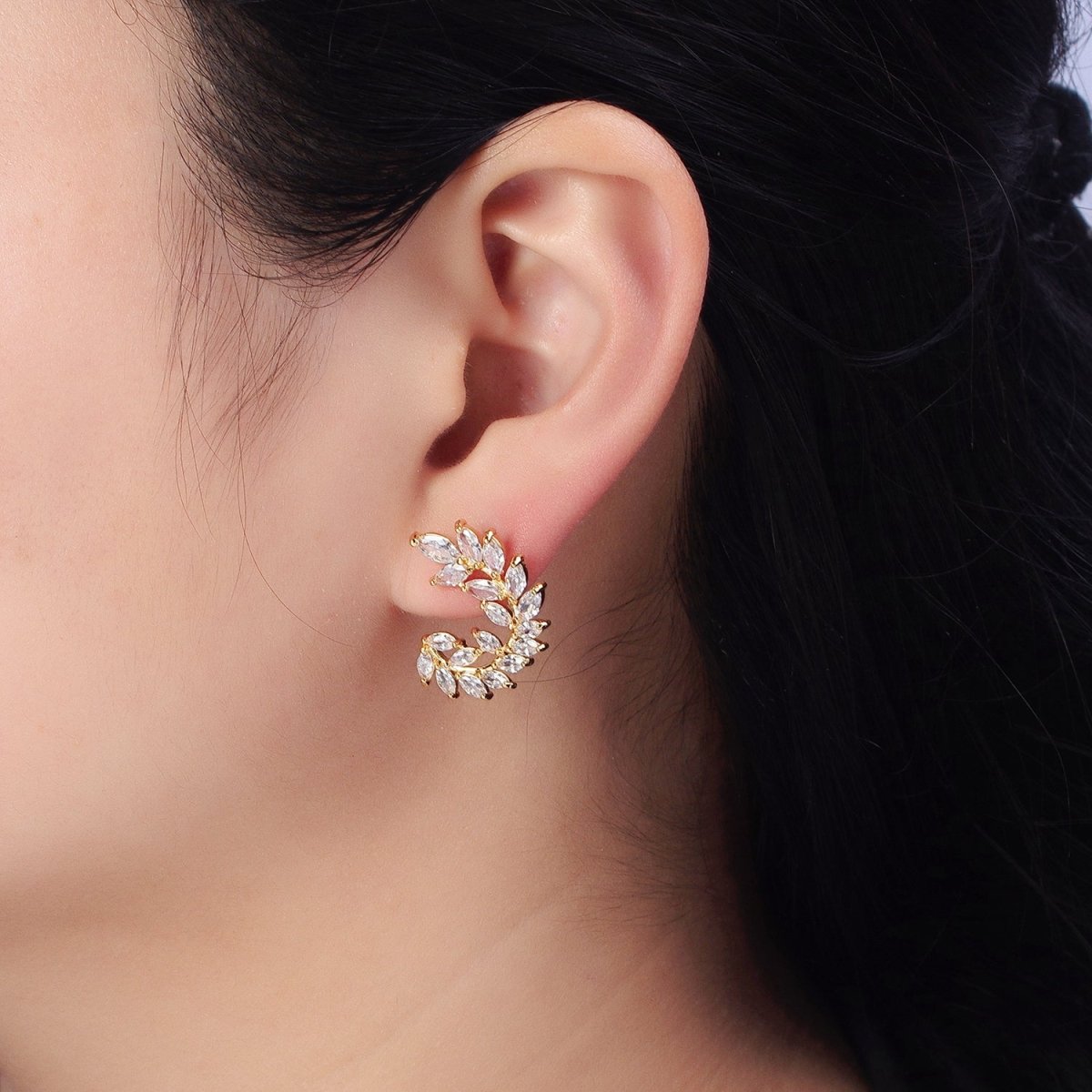 24K Gold Filled Leaf Clear Marquise Circular Curved Line Stud Earrings in Silver & Gold | AB381 AB454