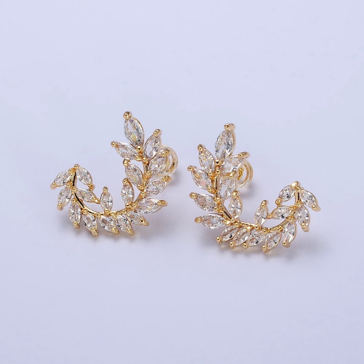 24K Gold Filled Leaf Clear Marquise Circular Curved Line Stud Earrings in Silver & Gold | AB381 AB454