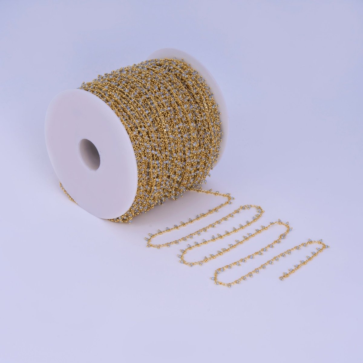 24K Gold Filled Light Blue Multifaceted Crystal Drop Link Unfinished Chain by Yard | Roll - 1666 - DLUXCA