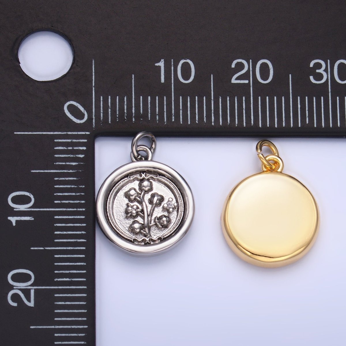 24K Gold Filled Lily of the Valley Flower CZ Stamped Round Charm in Gold & Silver | W382