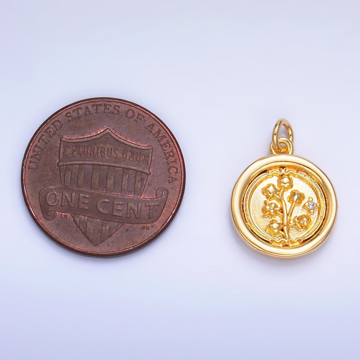 24K Gold Filled Lily of the Valley Flower CZ Stamped Round Charm in Gold & Silver | W382