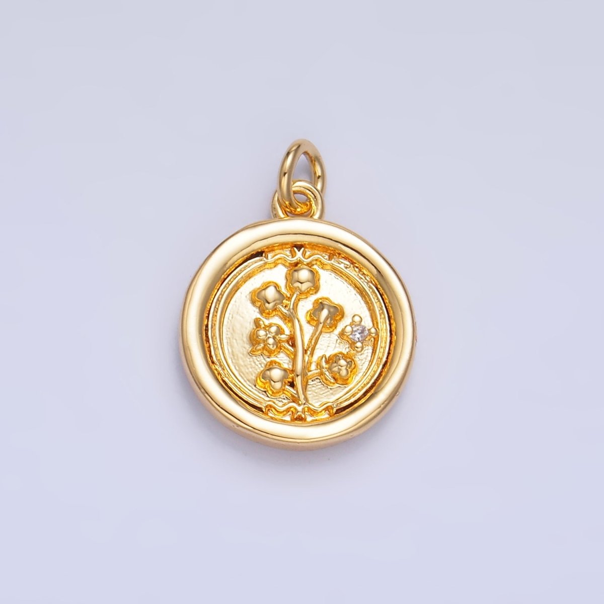 24K Gold Filled Lily of the Valley Flower CZ Stamped Round Charm in Gold & Silver | W382