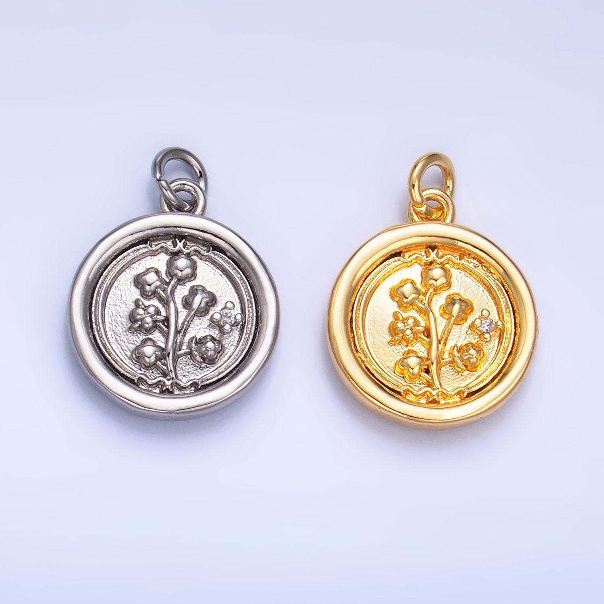 24K Gold Filled Lily of the Valley Flower CZ Stamped Round Charm in Gold & Silver | W382