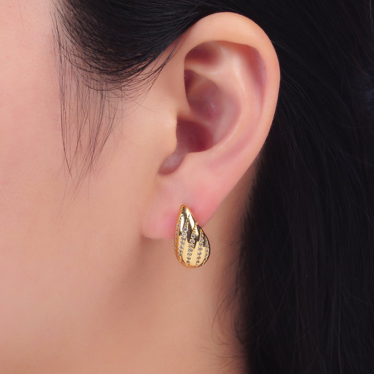 24K Gold Filled Linear Micro Paved CZ Teardrop Dome Hoop Stud Earrings | AD212 - DLUXCA