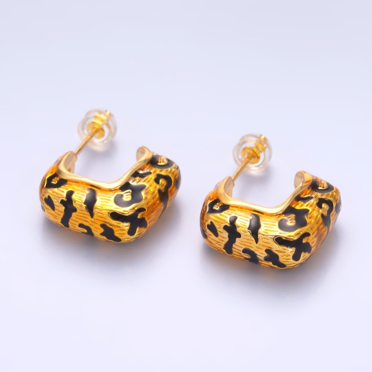 24K Gold Filled Lined Cheetah Print J - Shaped Hoop Earrings | AB784 - DLUXCA